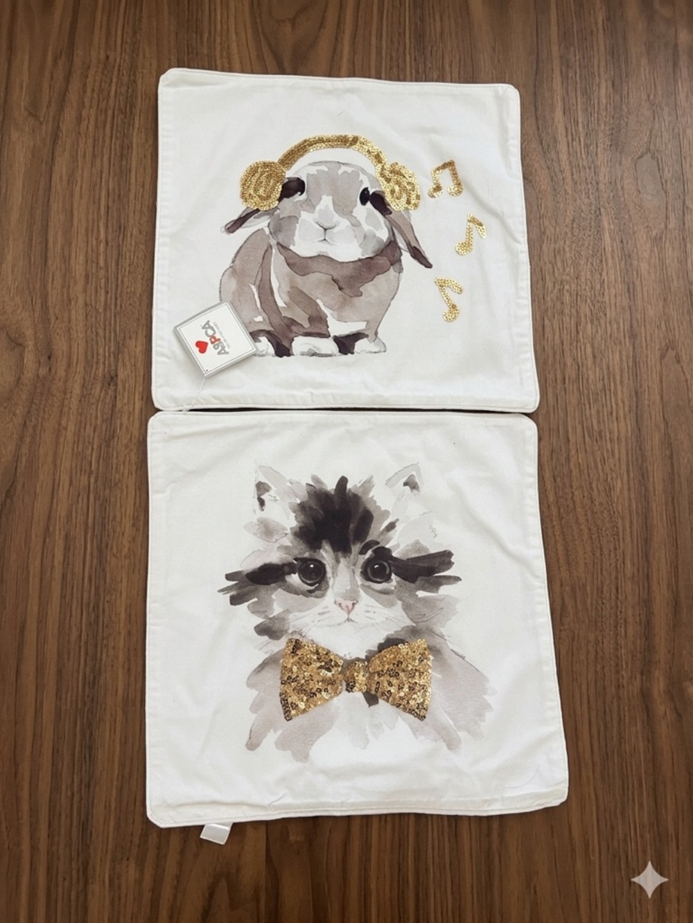 2 New PBteen Pottery Barn ASPCA Party Animals Sequin pillow covers:Cat+Rabbit